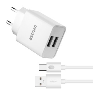 Astrum Pro Dual U24 12W 2.4A Dual USB Wall Fast Travel Charger + USB-C Cable – White