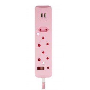 Switched 3 Way Surge Protected Multiplug with Dual 2.4A USB Ports 0.5M Braided Cord – Pink