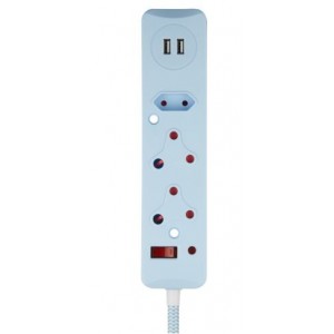 Switched 3 Way Surge Protected Multiplug with Dual 2.4A USB Ports 0.5M Braided Cord – Blue