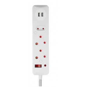 Switched 3 Way Surge Protected Multiplug with Dual 2.4A USB Ports 0.5M Braided Cord – White