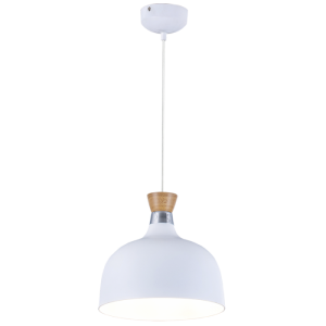 Bright Star Lighting - 220mm Dome Shaped Metal Pendant with Wooden Accent - White