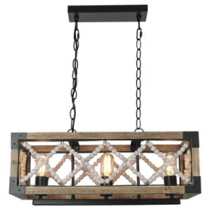 Bright Star Lighting - Brown Rectangular Pendant Light With Natural Wooden Beads