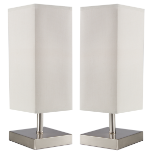 Bright Star Lighting - Twin Set of Satin Chrome Table Lamps With Beige Shade