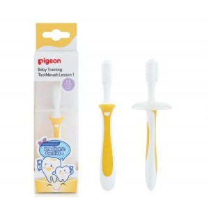 Pigeon Baby Training Toothbrush - Soft elastomer head for massaging gums and cleaning delicate teeth of babies 6-8 months old / Yellow