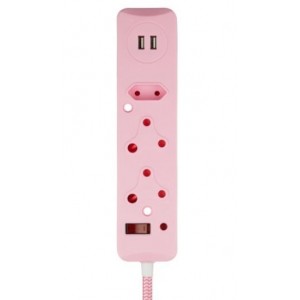 Switched 3 Way Surge Protected Multiplug with Dual 2.4A USB Ports 3M Braided Cord - Pink