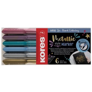Kores Metallic Style Brush Tip Markers Set of 6 Mixed Colours