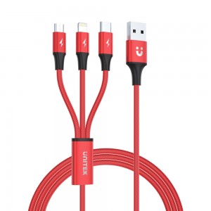 Unitek C4049RD | 1.2m 3-in-1 Red 2.4A Charging Cable | USB Type-A to USB Type-C- Micro USB and Lightning