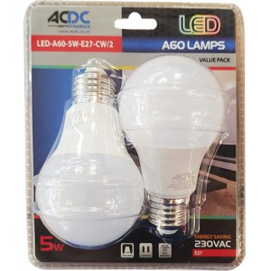ACDC 110-240VAC 5W Daylight A60 E27 LED Lamp - 2 Pack