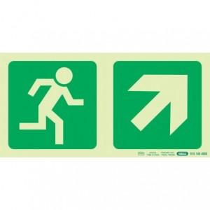 Photoluminescent 190MM Safety Sign -E11-RUNNING Man+diagonal Arrow Up And Right