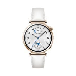 41mm/1.32inch AMOLED / White Composite Leather Strap.Front case:Gold stainless steel. 323 mAh IP68