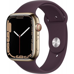 Apple Watch Series 7 (GPS + Cellular- 45MM) - Refurbished - Gold Stainless Steel Case with Dark Cherry Sport Band - 1-Year Warranty