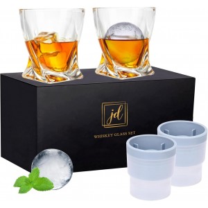 Whiskey Rocks Glass Set In Gift Box - Includes 2 Crystal Bourbon Glasses and 2 Big Ice Ball Molds