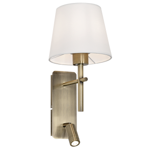 WB280 ANTIQUE Metal Wall Bracket with White Fabric Shade and 2 Switches