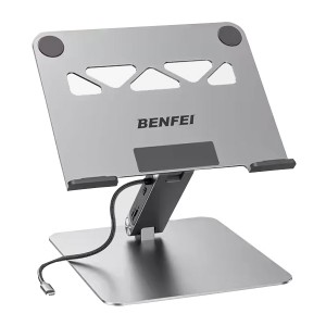 BENFEI Adjustable Notebook Stand Built-in With 1X HDMI 4K@60Hz- RJ45 1000Mbps- 2X USB-A 3.0 + 1X USB-C 10Gbps Ports And 180° Adjustable Viewing Angle - Grey Colour