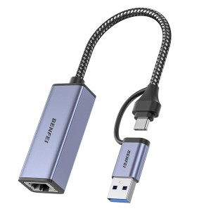 BENFEI Dual USB-A / C 3.0 Male To RJ45 Gigabit Ethernet Female Adapter With Nickle-Plated Connectors And Supports Network Speed Up To 1000Mbps - Grey Colour