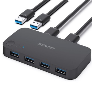 BENFEI USB3.0 4In 2Out Sharing Switch With LED Status Indicator And USB-C 5V Power Input Port Sharing 4 USB Devices Between 2 PC's - Black Colour