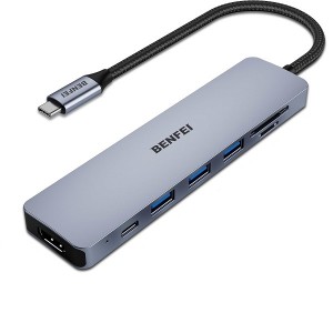 BENFEI USB-C 7-In-1 Docking Station With 3X USB3.0- 1X HDMI 4K@60Hz- 1X SD/TF Card Slot And USB-C PowerDelivery 100W (Max) - Grey Colour