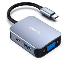 BENFEI USB-C 4-In-1 Hub With Premium Aluminium Alloy Casing And Built With 1X HDMI (4K@30Hz)- VGA 1080P@60Hz- 1X USB3.0 5Gbps Female And USB-C 100W (Max) PowerDelivery - Grey Colour
