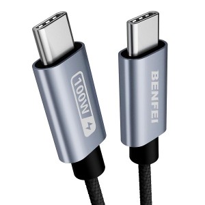 BENFEI USB-C 2.0 Male To Male 5A QC/PD3.0 100W(Max.) 2m Cable With Nickle-Plated Connectors And Supporting Fast Data Transfer Speed Up To 480Mbps- Grey Colour