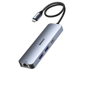 BENFEI USB-C 6-In-1 Docking Station With HDMI 4K@60Hz- 2X USB-A 3.0 5Gbps + 1X USB-C 5Gbps Transfer Speed + RJ45 1Gbps Speed And PowerDelivery 100W - Grey Colour