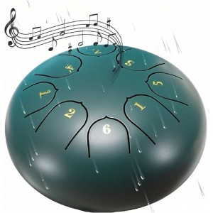 Rain Drum for Outside Garden – 6" Steel Tongue Drum- 8 Notes- Waterproof Meditation Instrument – Includes Mallets- Bag &amp; Music Book – Green