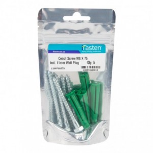 Ifasten Coach Screw M8x75mm &amp; Wall Plug Green 5 Per Pack
