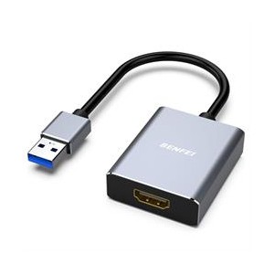 BENFEI USB-A 3.0 Male to HDMI Female Adapter with Full-HD 1080P@60Hz Resolution- Aluminum Alloy Shell and Nickle-Plated Connectors – Grey Colour