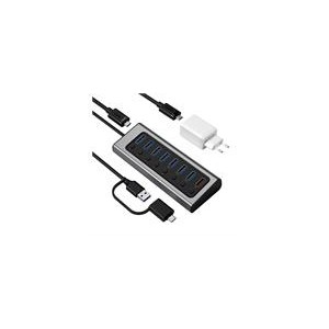 BENFEI USB-A 3.0 7-Port Data Sync Powered Hub Built with Non-Detachable USB-C-to-USB-A 3.0 Cable- 1X USB-A BC 1.2 Charging Port And Included 45W PD GaN Charger – Grey Colour