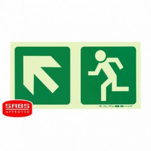 Photoluminescent 190MM Safety Sign -E12-DIAGONAL Arrow Up And Left+running Man