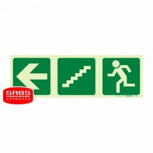 Photoluminescent 190MM Safety Sign -E17-ARROW Left+stairs Going Down+running Man