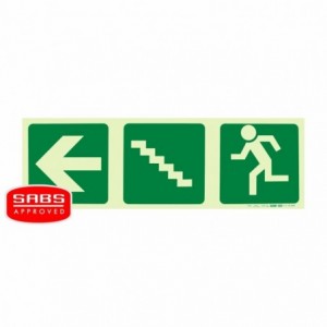 Photoluminescent 190MM Safety Sign -E19-ARROW Left+stairs Going U+running Man