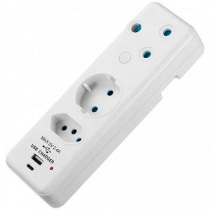 Ellies 3 Way Schuko Adaptor with type C + USB- White