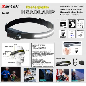 Headlamp LED- Silicon Headband- Front 350 lm- Side 150 lm-Hand Induction Sensor- Rechargeable via USB type C- (NEW! USBMains Adaptor NOT Incl.)