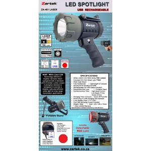 Bright Spotlight- Laser LED- 700 Lumen- Distance 710m- Long Pin Beam- USB Rechargeable-Fully Rubberised- Includes USB cable- Red lens