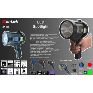 Bright Spotlight- LED P50- 1500 Lumen-side COB worklight 300 lm- USB type-C Rechargeable- Lightweight ABS- Solar Charging- Powerbank- Includes USB Mains adaptor- 3 lenses: green-red-blue