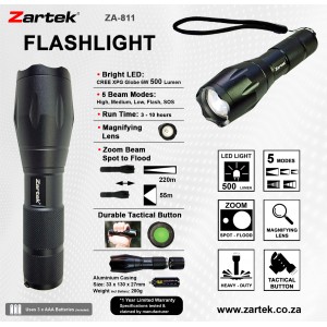 Zartek LED Flashlight- 6W- 500 lm- Heavy- duty Aluminium- uses 3 x AAA batteries (incl)