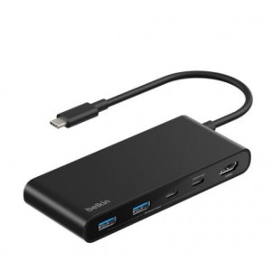 Belkin - 7 in 1 - Mobile USB-C Port Hub with 1 x 4K HDMI Display @ 60Hz- 1 x USB-C 100 Watt Power Delivery Port with 1 x USB-C Ports and 2 x USB-A Ports with Micro and SD Card Reader - Black