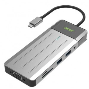 Acer ZL.DCK11.005 ODK3K0 USB-C 9-In-1 Travel Dock With 2X USB3.2 Gen1 5Gbps- HDMI 4K@30Hz- VGA 1080P@60Hz- GLAN- SD &amp; TF Card Slot And 3.5mm Aux Jack And USB-C 100W (Max) Power Delivery - Grey Col