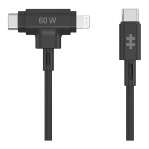 HyperJuice Silicone USB-C to USB-C and Lightning Hybrid 60W Cable (1.5 Meter)  - Black (6941921149369)