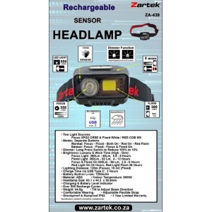 Headlamp LED 550lm- Focus &amp; Flood LEDs- USB cable type C Rechargeable- Li-ion battery- Hand Sensor- Dimmer Function