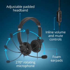 Kensington - Classic EQ - USB-C Noise Cancelling - Dual Headphones/Headset and Microphone with 1.8 Meter Cable and Volume Control - Black