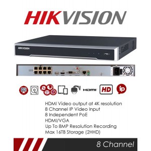 ikvision 8 Channel NVR - 80Mbps, 8x PoE, 2 SATA, Alarm IO (DS-7608NI-K2/8P)