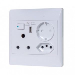 4x4 MULTI MAINS 16A WALL SOCKET SHUKO- EURO &amp; USB WHITE STI-1076