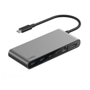 Belkin - 8 in 1 - Mobile USB-C Port Hub with 1 x 4K HDMI Display @ 60Hz- 1 x USB-C 100 Watt Power Delivery Port with 1 x USB-C Ports and 2 x USB-A Ports 1 x Ethernet Port (2.5gb) with Micro and SD Car