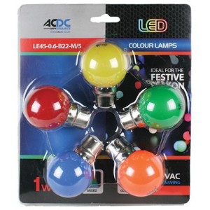 230VAC 1W B22 Lamp Ball Type Mixed Colour 5 PACK