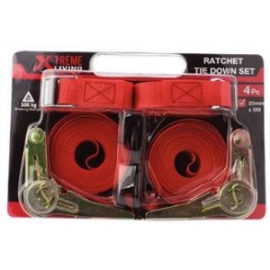 4PC Ratchet Tie Down Strap 25MM X 5M Set